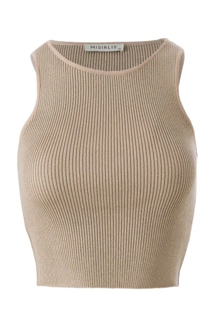 Halter Yaka Bej Triko Crop Top - Triko Mısırlı