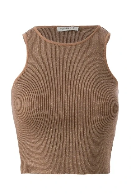 Halter Yaka Camel Triko Crop Top - Triko Mısırlı