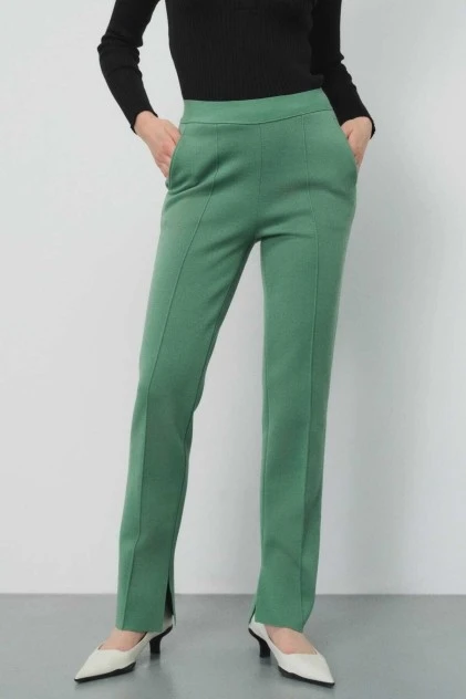 Regular Fit Yeşil Kadın Pantolon - Triko Mısırlı